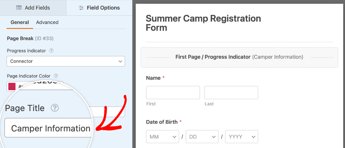 Una flecha que apunta hacia el campo de título del formulario para cambiar el nombre de su formulario