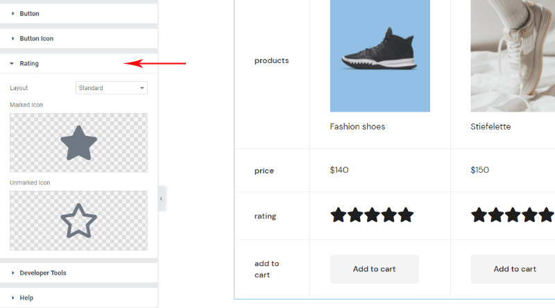 Como adicionar o elemento de comparação de produtos WooCommerce ao seu site facilmente 11 Product comparison rating settings