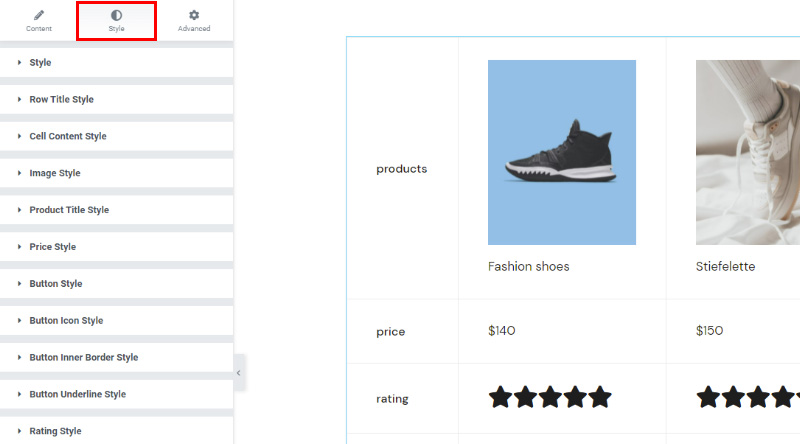 Como adicionar o elemento de comparação de produtos WooCommerce ao seu site facilmente 12 Product comparison rating style