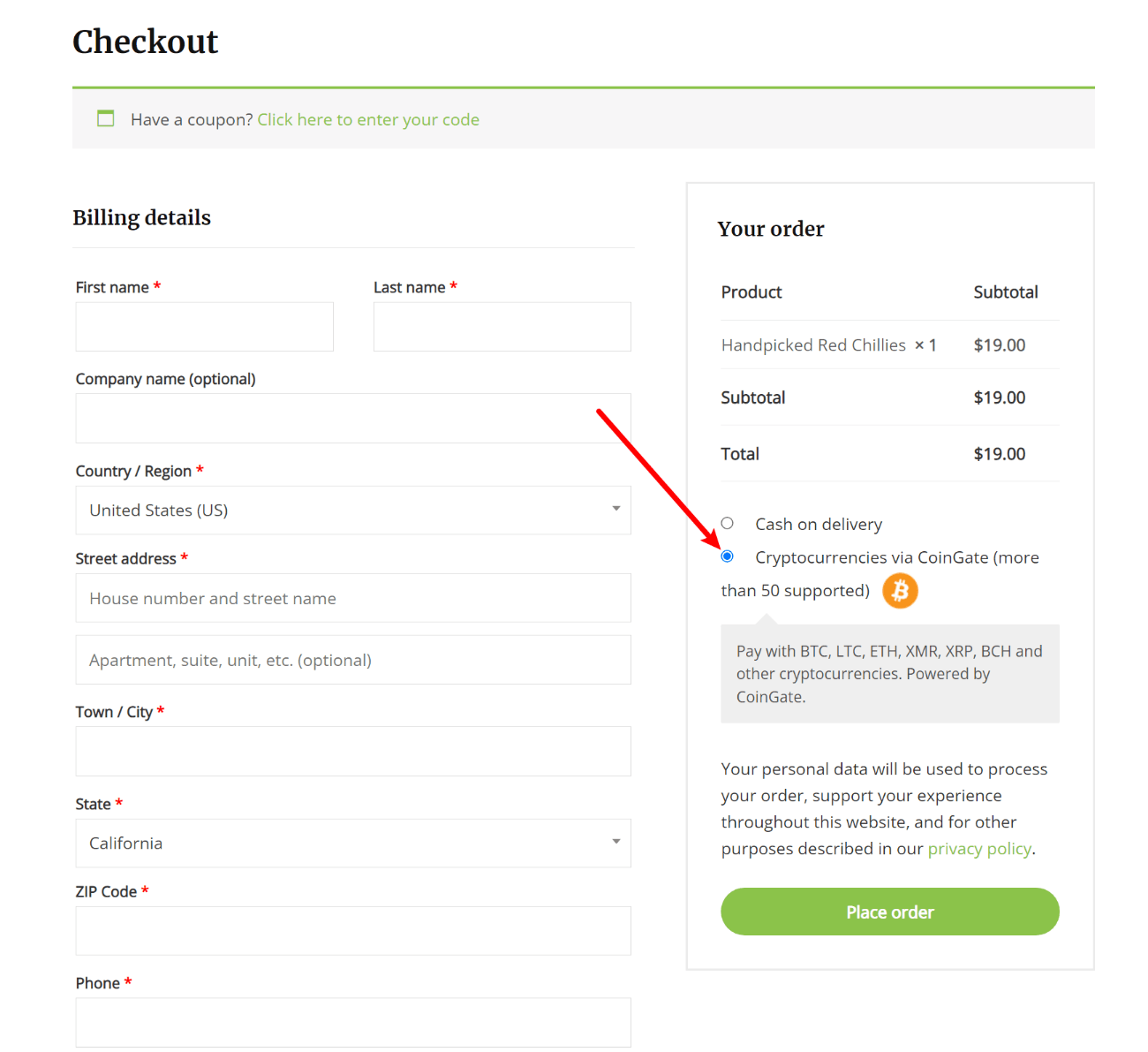 Opcja kryptowaluty w kasie WooCommerce