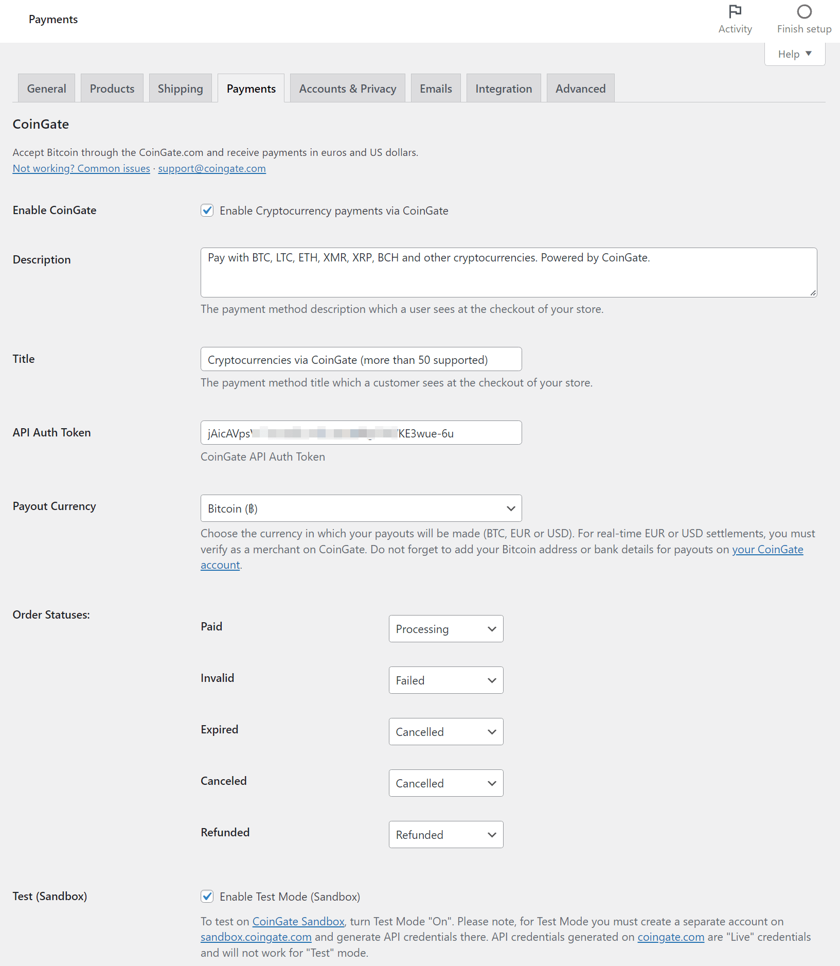 Ustawienia wtyczki CoinGate WordPress