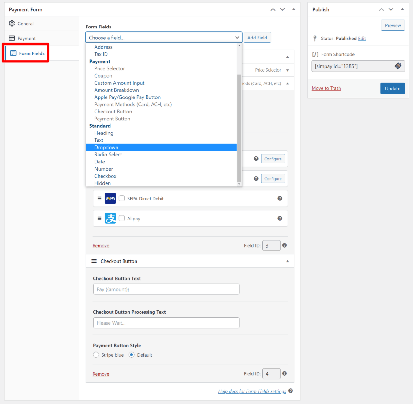 WP Simple Pay 表单字段选项