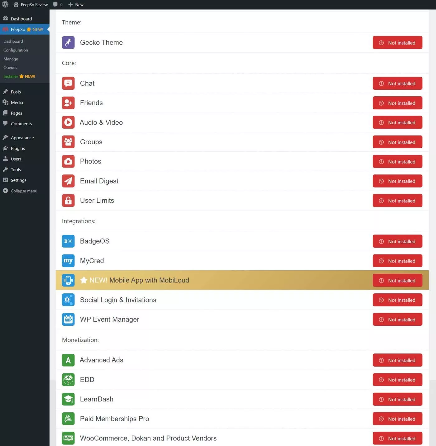 Interfaccia del programma di installazione del componente aggiuntivo PeepSo