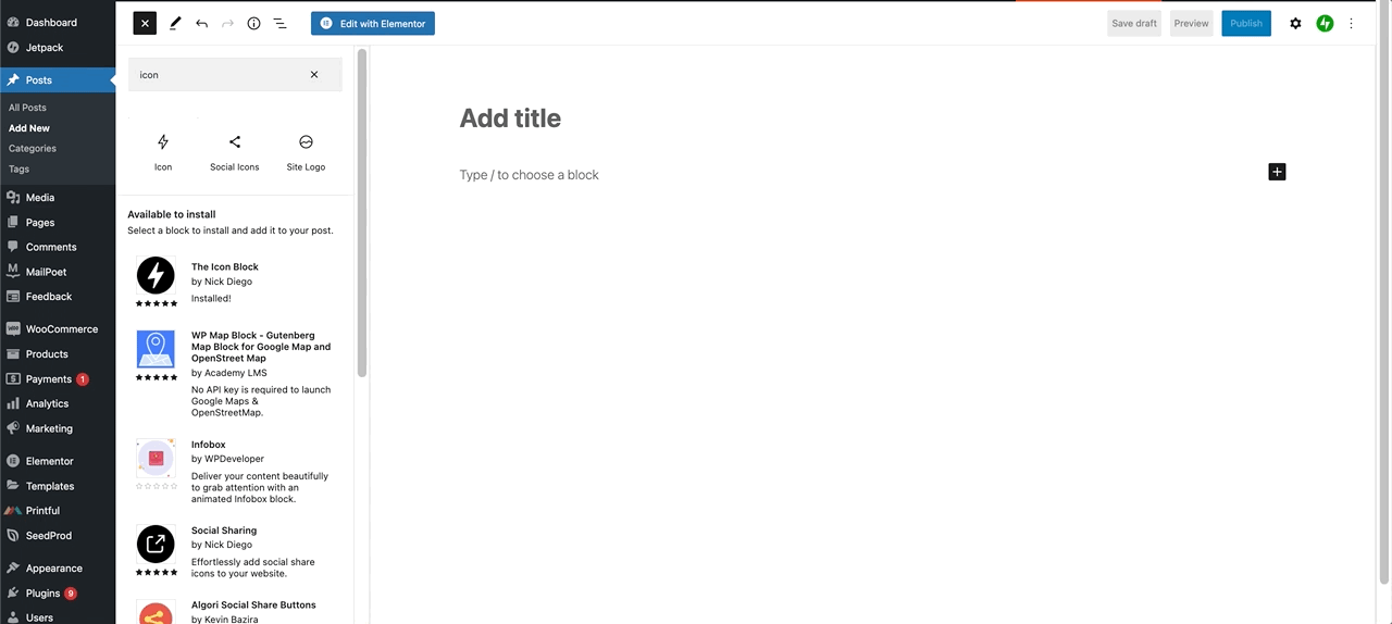 Gutenberg'de WordPress'e nasıl simgeler ekleneceğini gösteren GIF