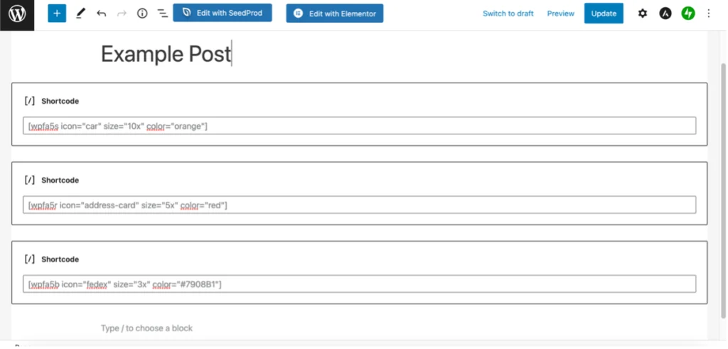 WP Font Awesome eklentisini kullanan örnek bir WordPress gönderisindeki simge kısa kodlarının ekran görüntüsü