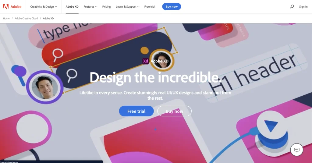 Zrzut ekranu strony głównej Adobe XD