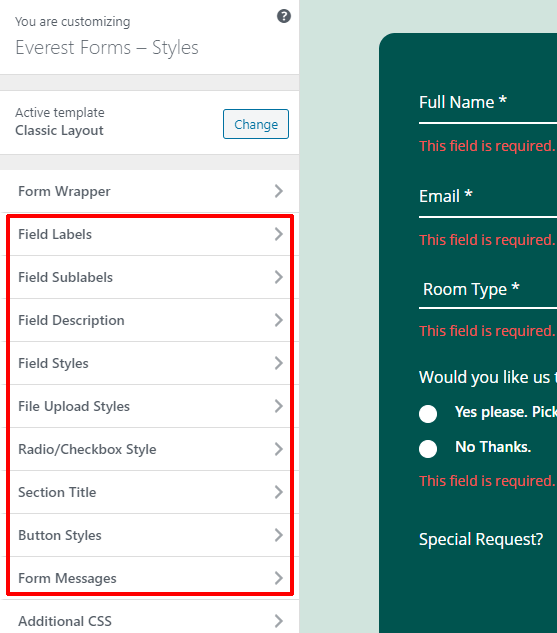 Inne zakładki Everest Forms Customizer