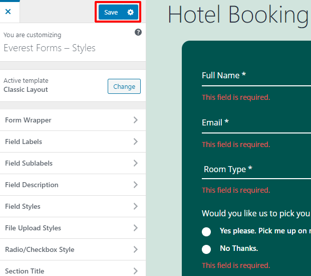 Przycisk Zapisz Everest Forms Customizer