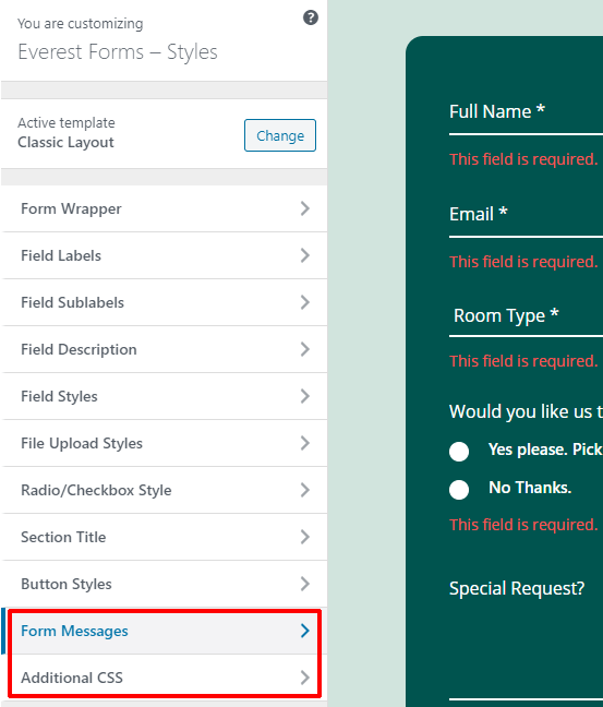 Dodatkowe zakładki Everest Forms Customizer