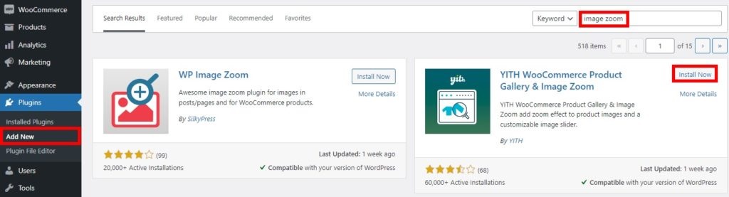 instalar plugins plugins de zoom de imagem de produto woocommerce