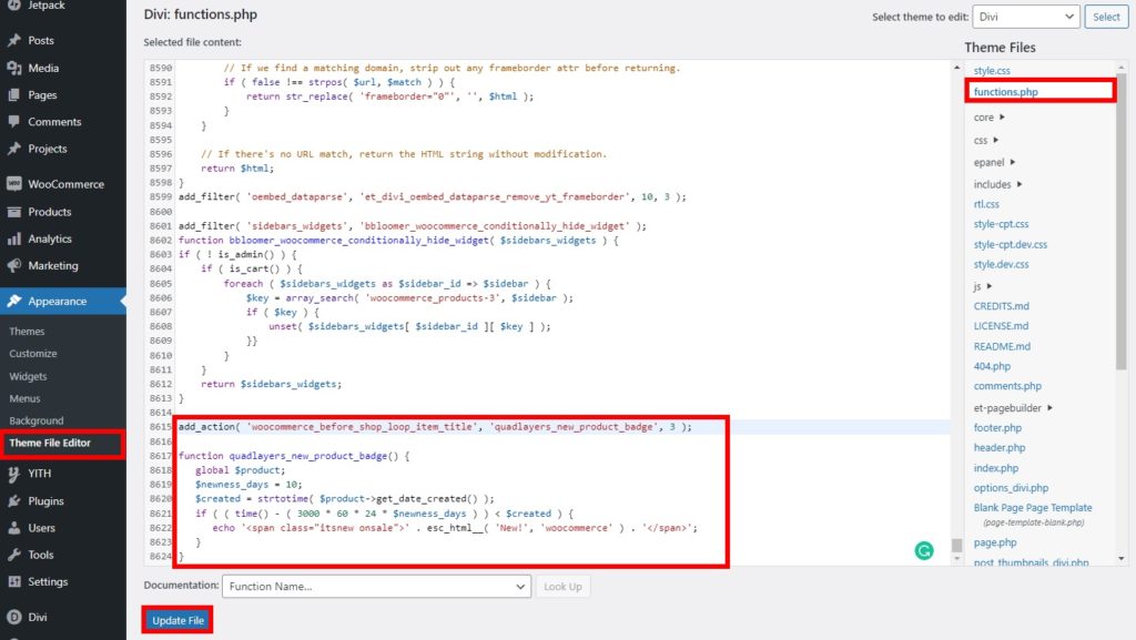 editor de arquivo de tema exibir novos produtos no woocommerce