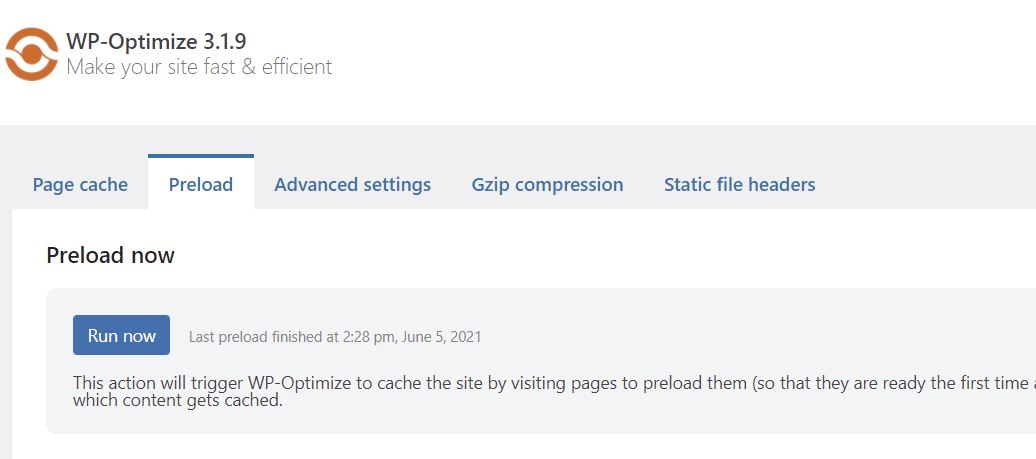 WP Optimize'da önbelleği önceden yükleyin