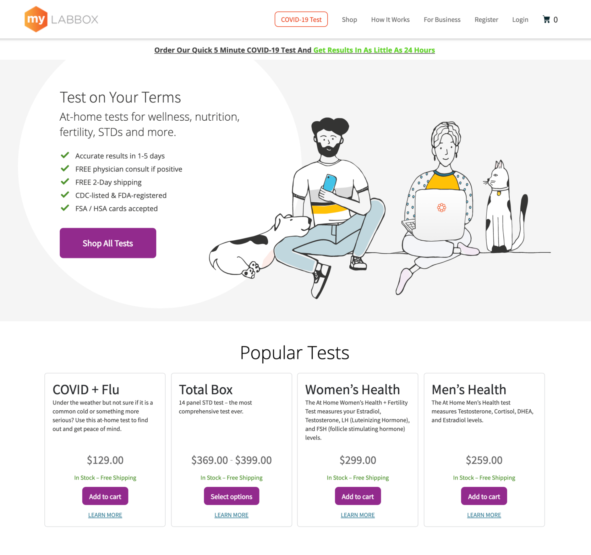 myLABBOX-Homepage mit angebotenen Dienstleistungen und verfügbaren Produkten