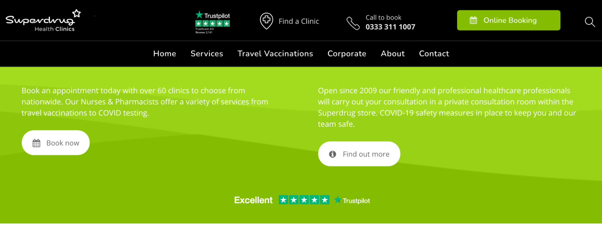 Superdrug Health Clinics-Menü mit Links zu Standorten, Terminen und Kontaktinformationen