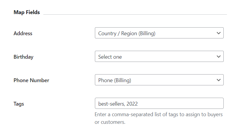 configurações de campos do mapa mailoptin