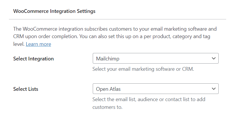 configurações de integração do mailoptin woocommerce