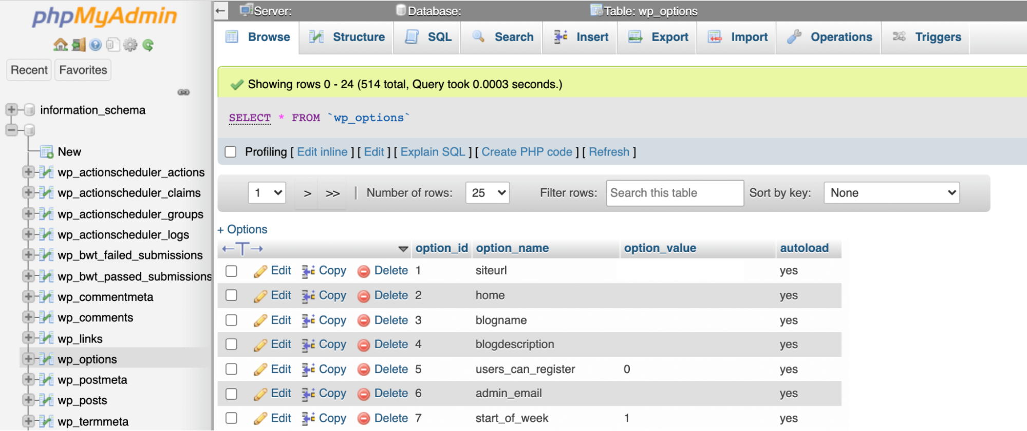 ตาราง wp_options ใน phpMyAdmin