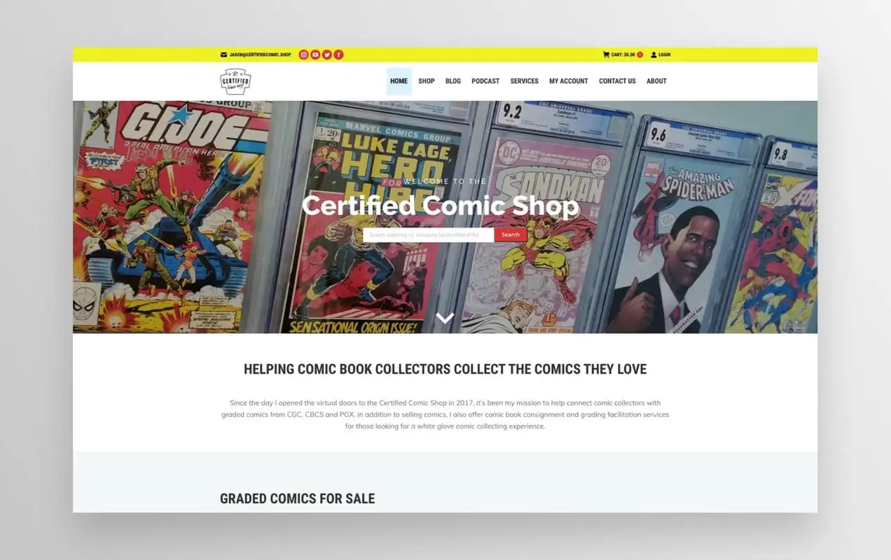 Página inicial do site Certified Comic Shop