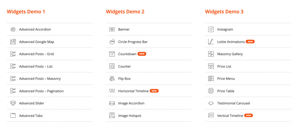 Liste des widgets Stratum Elementor