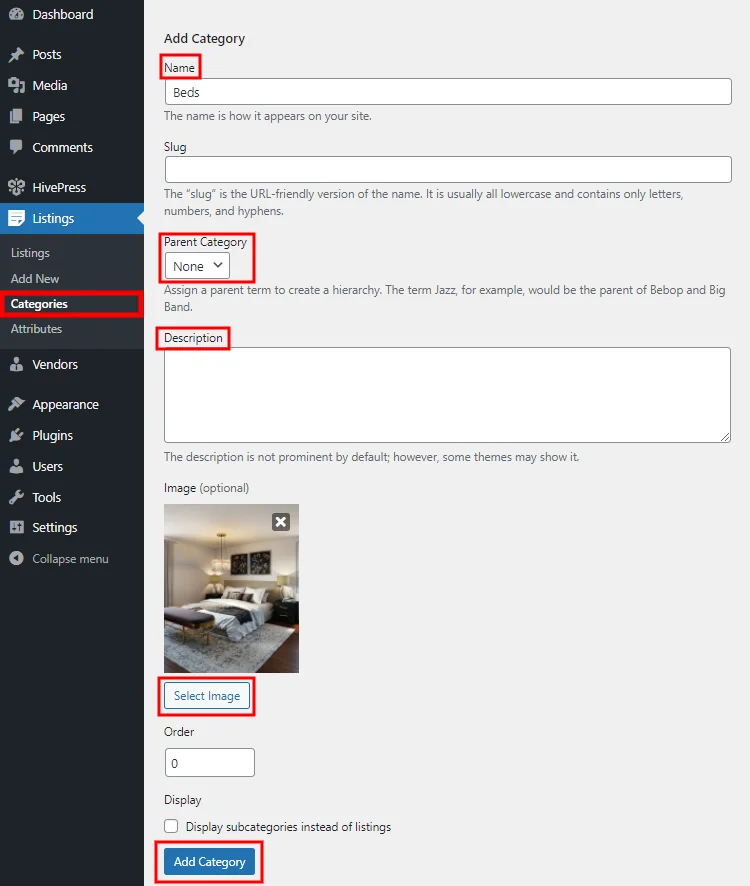 ตัวอย่างการเพิ่มหมวดหมู่รายการในแดชบอร์ด WordPress