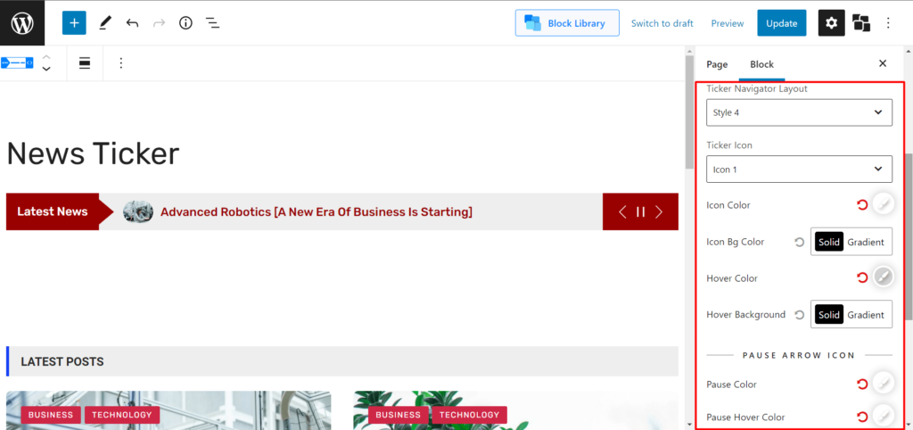 Présentation de WordPress Breaking News Ticker pour PostX 5 News Ticker Navigator Settings