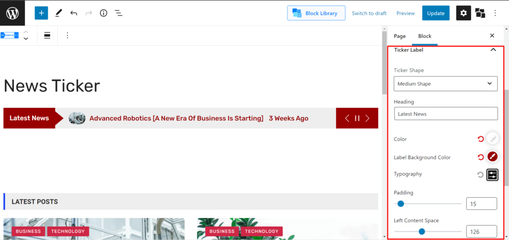 Présentation de WordPress Breaking News Ticker pour PostX 6 Ticker News Label Settings