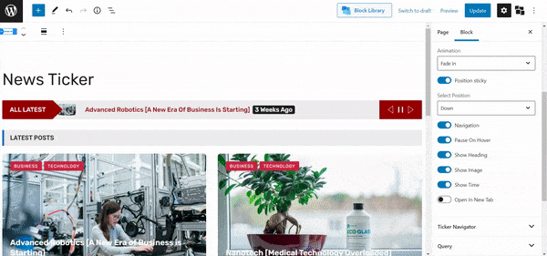 Présentation de WordPress Breaking News Ticker pour PostX 4 News Ticker Toggles