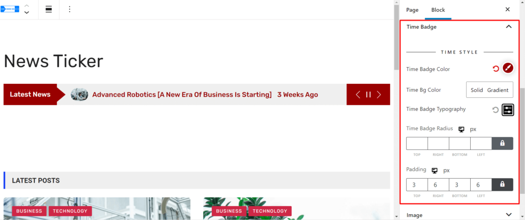 Présentation de WordPress Breaking News Ticker pour PostX 8 News Ticker Time Badge Settings