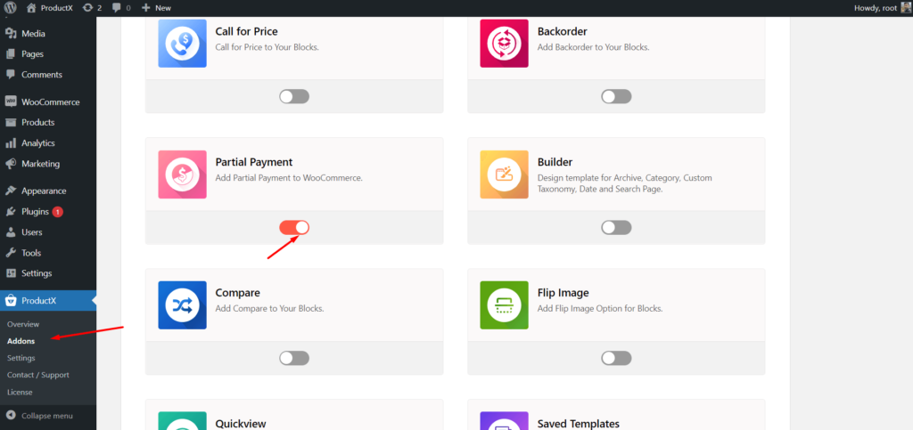 Présentation de l'addon de paiements partiels WooCommerce pour ProductX 3 Turn On Partial Payment Addon