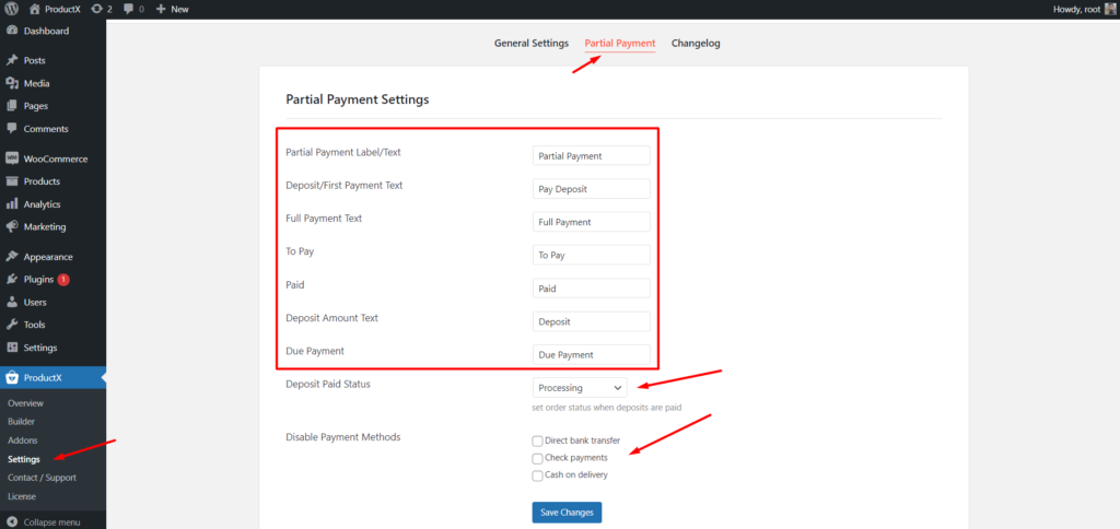 Présentation de l'addon de paiements partiels WooCommerce pour ProductX 4 partial payment settings