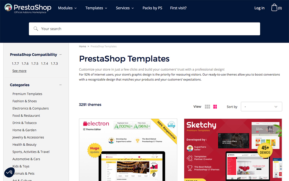 PrestaShop templates in the PrestaShop marketplace