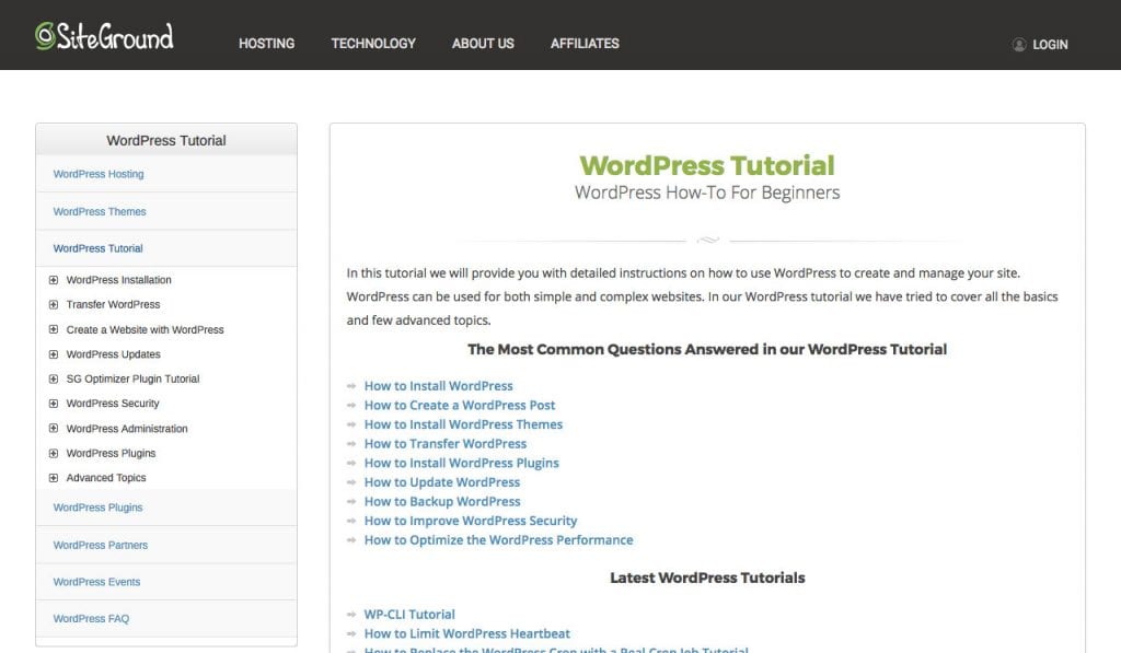 Tutoriais do WordPress do Siteground