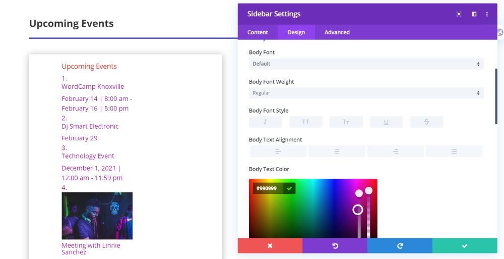 Widget pentru evenimente