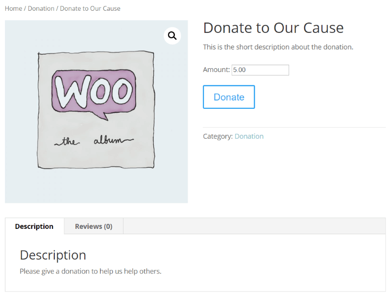 Front-End-Ansicht der Spende, die mit dem Potent Donations for WooCommerce-Plugin eingerichtet wurde
