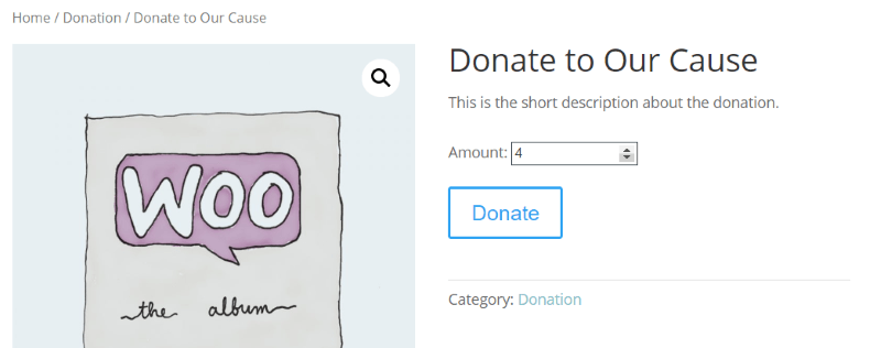Front-End-Ansicht der Spende, die mit dem Potent Donations for WooCommerce-Plugin eingerichtet wurde