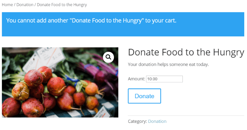 Front-End-Ansicht der Spende, die mit dem Potent Donations for WooCommerce-Plugin eingerichtet wurde
