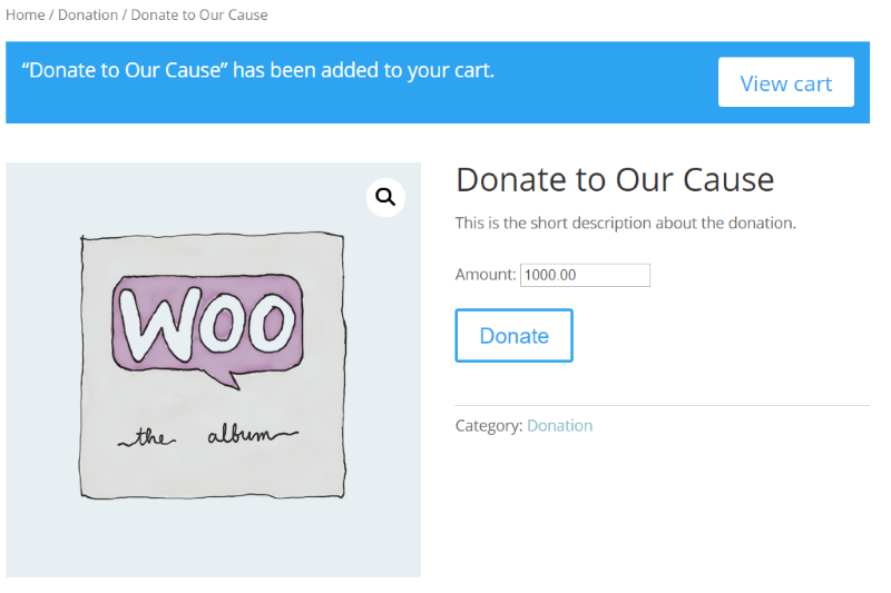 Front-End-Ansicht der Spende, die mit dem Potent Donations for WooCommerce-Plugin eingerichtet wurde
