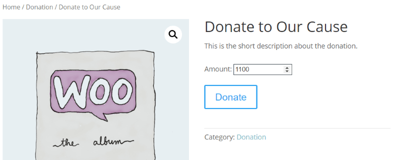 Front-End-Ansicht der Spende, die mit dem Potent Donations for WooCommerce-Plugin eingerichtet wurde