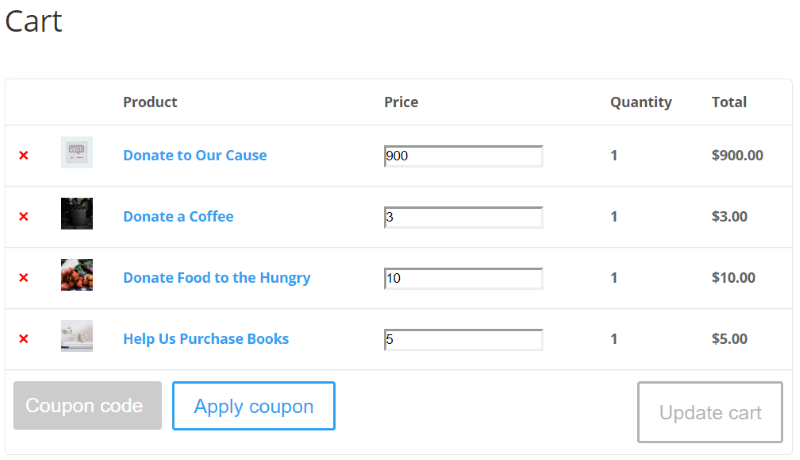 Frontend-Ansicht der Warenkorbseite des Potent Donations for WooCommerce-Plugins