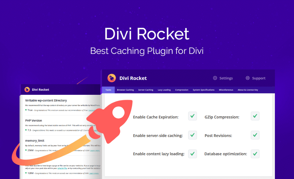 Complemento de almacenamiento en caché Divi Rocket para sitios web Divi y WordPress