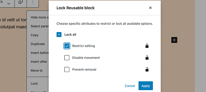 خيارات قفل الكتل القابلة لإعادة الاستخدام في WordPress Lock options for reusable blocks in WordPress