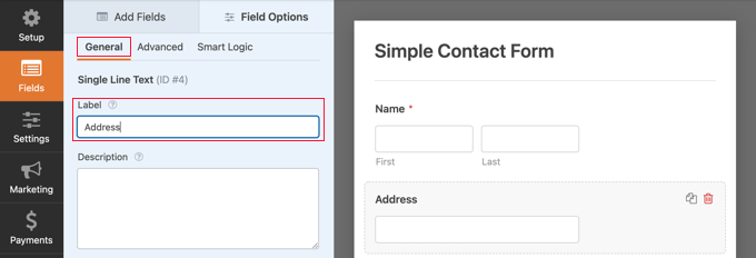 フィールドのラベルの名前を「アドレス」に変更します Rename the Field's Label to 'Address'