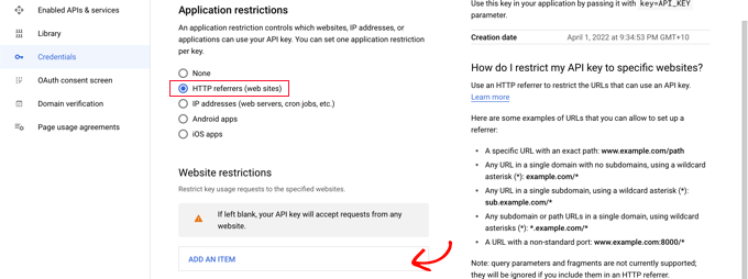 HTTPリファラー(Webサイト)に制限する Restrict to HTTP Referrers (Web Sites)