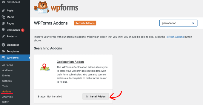 WPForms»アドオンに移動し、Geolocationアドオンをインストールします Navigate to WPForms » Addons and Install the Geolocation Addon