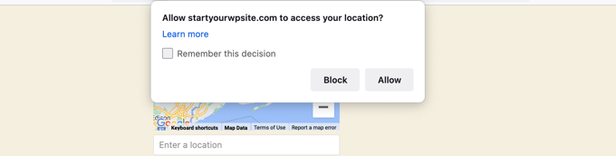 ユーザーはあなたのウェブサイトが彼らの場所にアクセスするための許可を与える必要があります The User Will Need to Give Permission for Your Website to Access Their Location