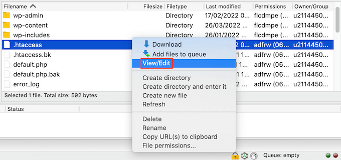 Modifica del file .htaccess Editing the .htaccess file