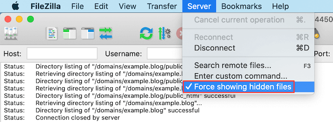 Visualizzazione dei file nascosti in FileZilla Showing hidden files in FileZilla