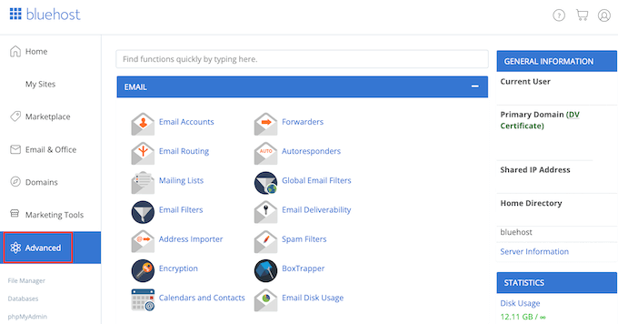 La dashboard di Bluehost cPanel The Bluehost cPanel dashboard