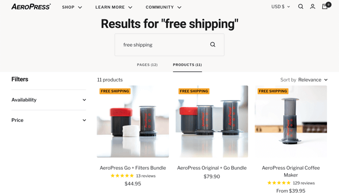Página de resultados da pesquisa de produtos AeroPress AeroPress Product Search Results Page