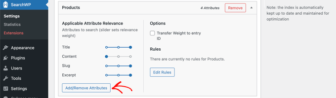 Clique no botão 'Adicionar/Remover Atributos' na seção Produtos Click the 'Add/Remove Attributes' Button in the Products Section